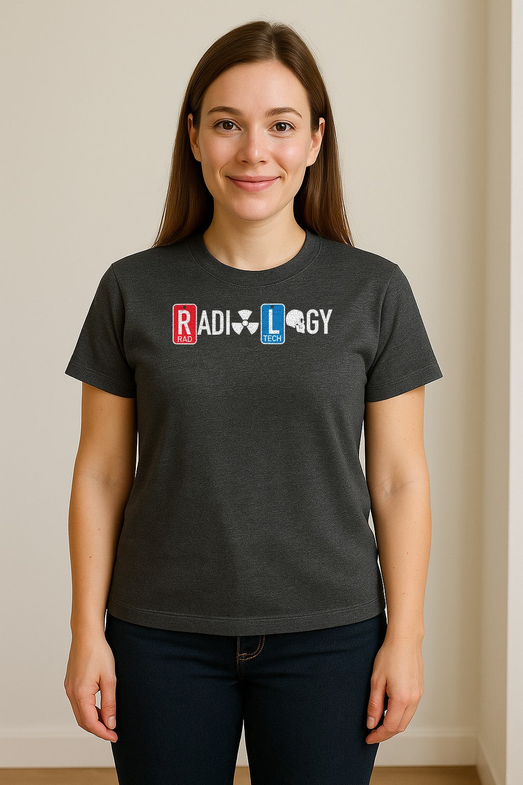 Radiology Tech T-Shirt, Red Rad and Blue Tile Lettering Design for Medical Imaging Professionals
