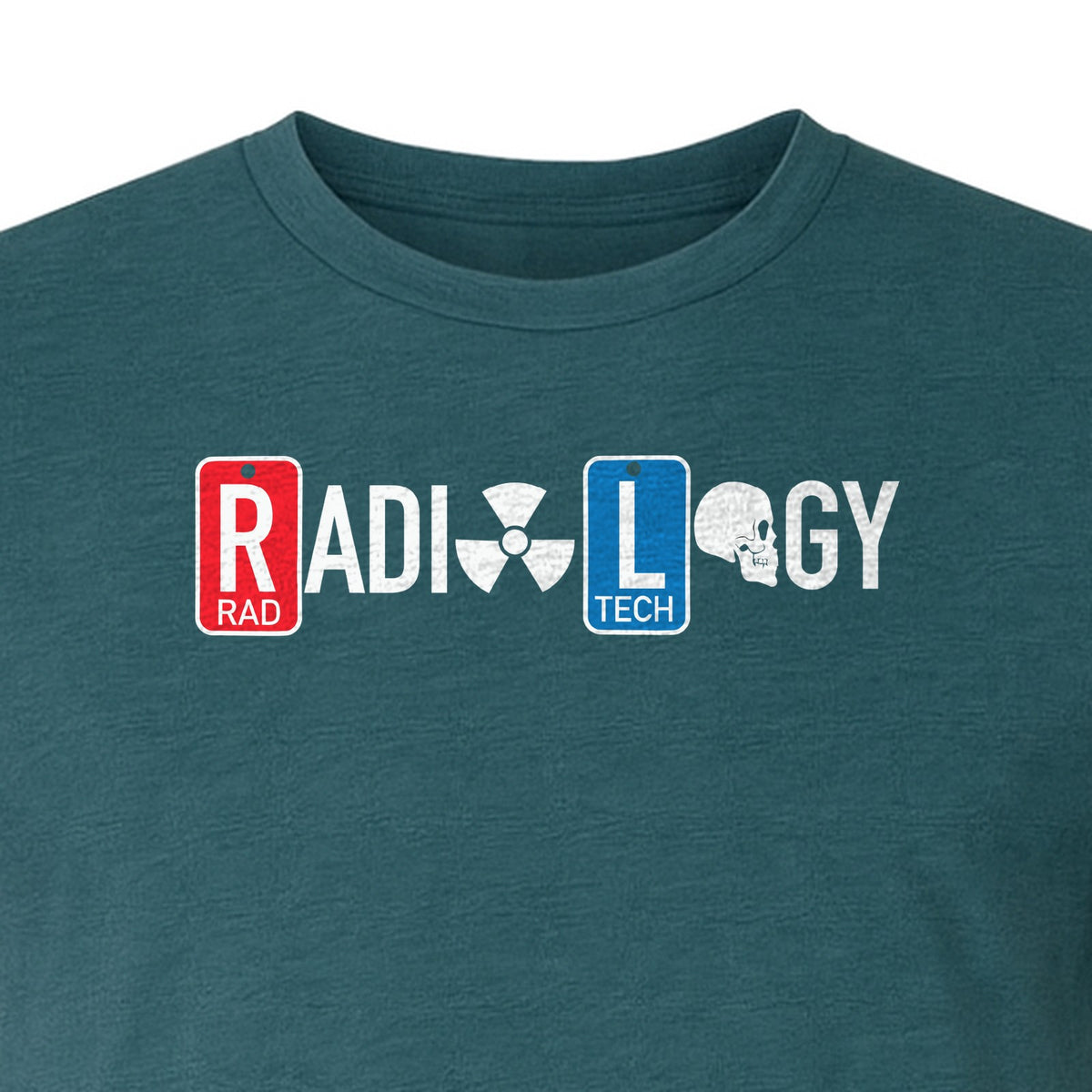 Radiology Tech T-Shirt, Red Rad and Blue Tile Lettering Design for Medical Imaging Professionals