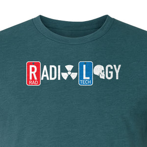 Radiology Tech T-Shirt, Red Rad and Blue Tile Lettering Design for Medical Imaging Professionals