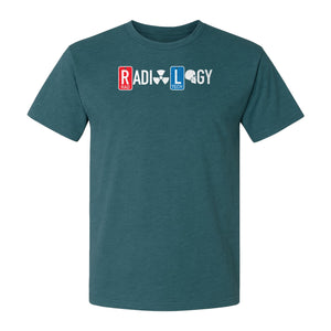 Radiology Tech T-Shirt, Red Rad and Blue Tile Lettering Design for Medical Imaging Professionals