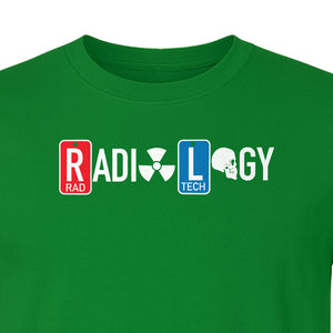 Radiology Tech T-Shirt, Red Rad and Blue Tile Lettering Design for Medical Imaging Professionals