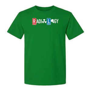 Radiology Tech T-Shirt, Red Rad and Blue Tile Lettering Design for Medical Imaging Professionals