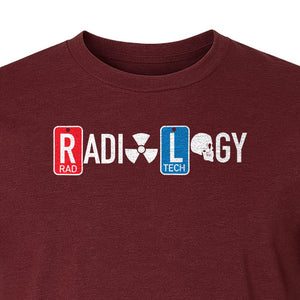 Radiology Tech T-Shirt, Red Rad and Blue Tile Lettering Design for Medical Imaging Professionals