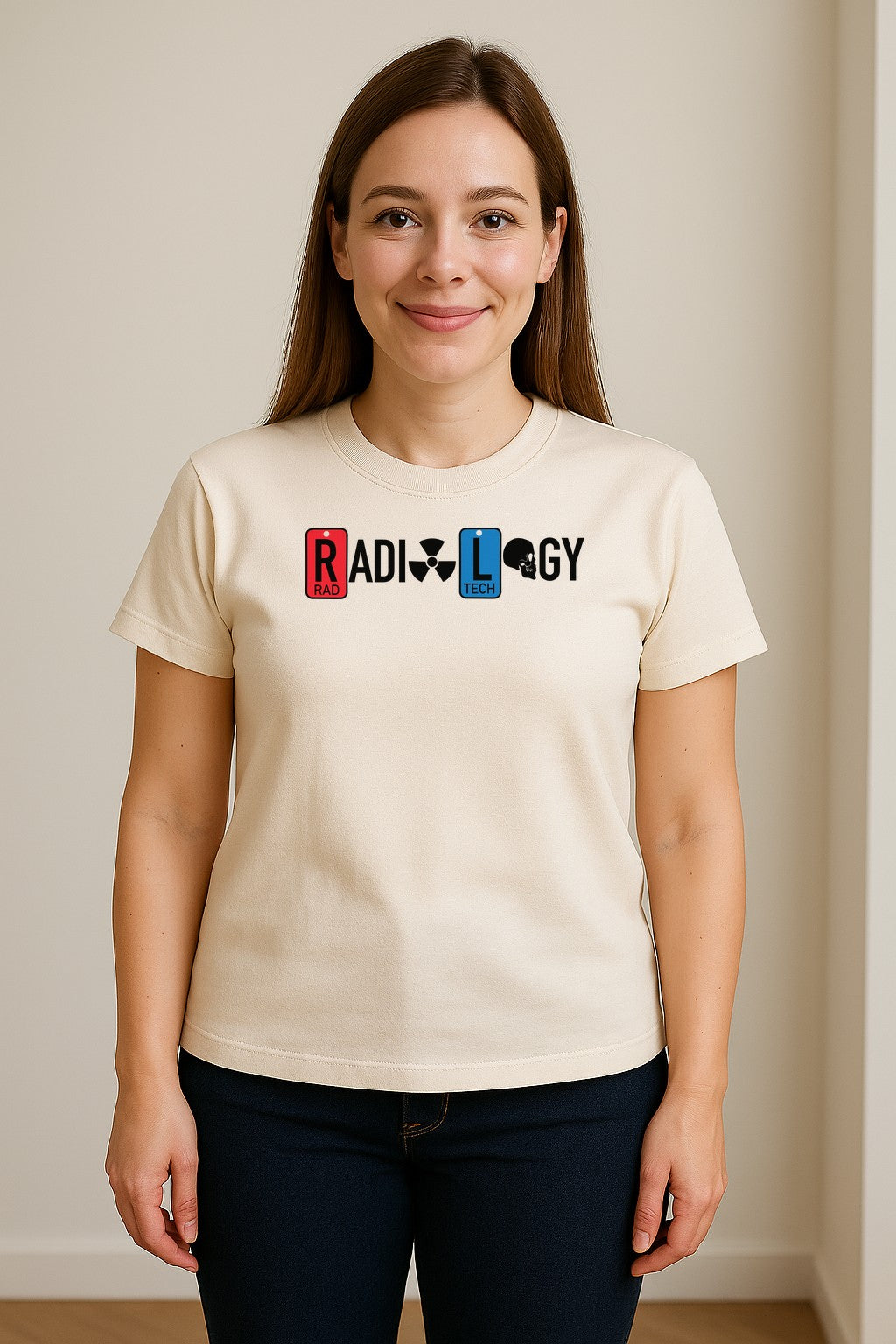 Radiology Tech T-Shirt, Red Rad and Blue Tile Lettering Design for Medical Imaging Professionals