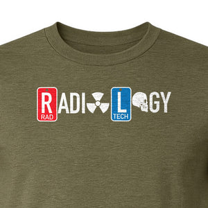 Radiology Tech T-Shirt, Red Rad and Blue Tile Lettering Design for Medical Imaging Professionals