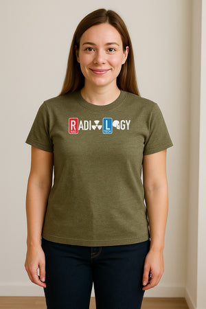 Radiology Tech T-Shirt, Red Rad and Blue Tile Lettering Design for Medical Imaging Professionals