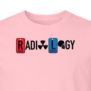 Radiology Tech T-Shirt, Red Rad and Blue Tile Lettering Design for Medical Imaging Professionals
