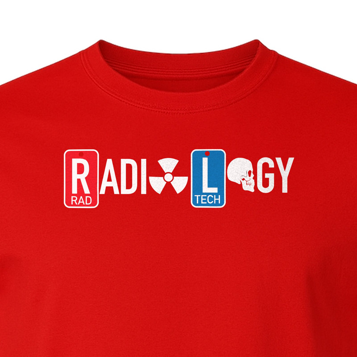 Radiology Tech T-Shirt, Red Rad and Blue Tile Lettering Design for Medical Imaging Professionals
