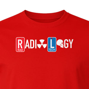 Radiology Tech T-Shirt, Red Rad and Blue Tile Lettering Design for Medical Imaging Professionals
