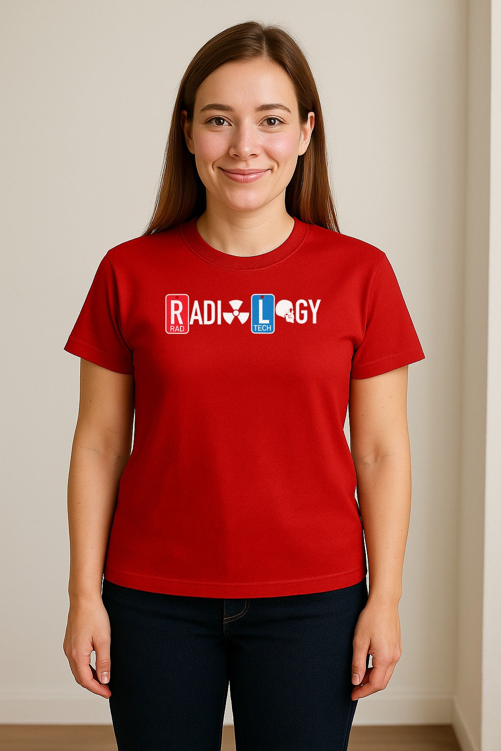 Radiology Tech T-Shirt, Red Rad and Blue Tile Lettering Design for Medical Imaging Professionals