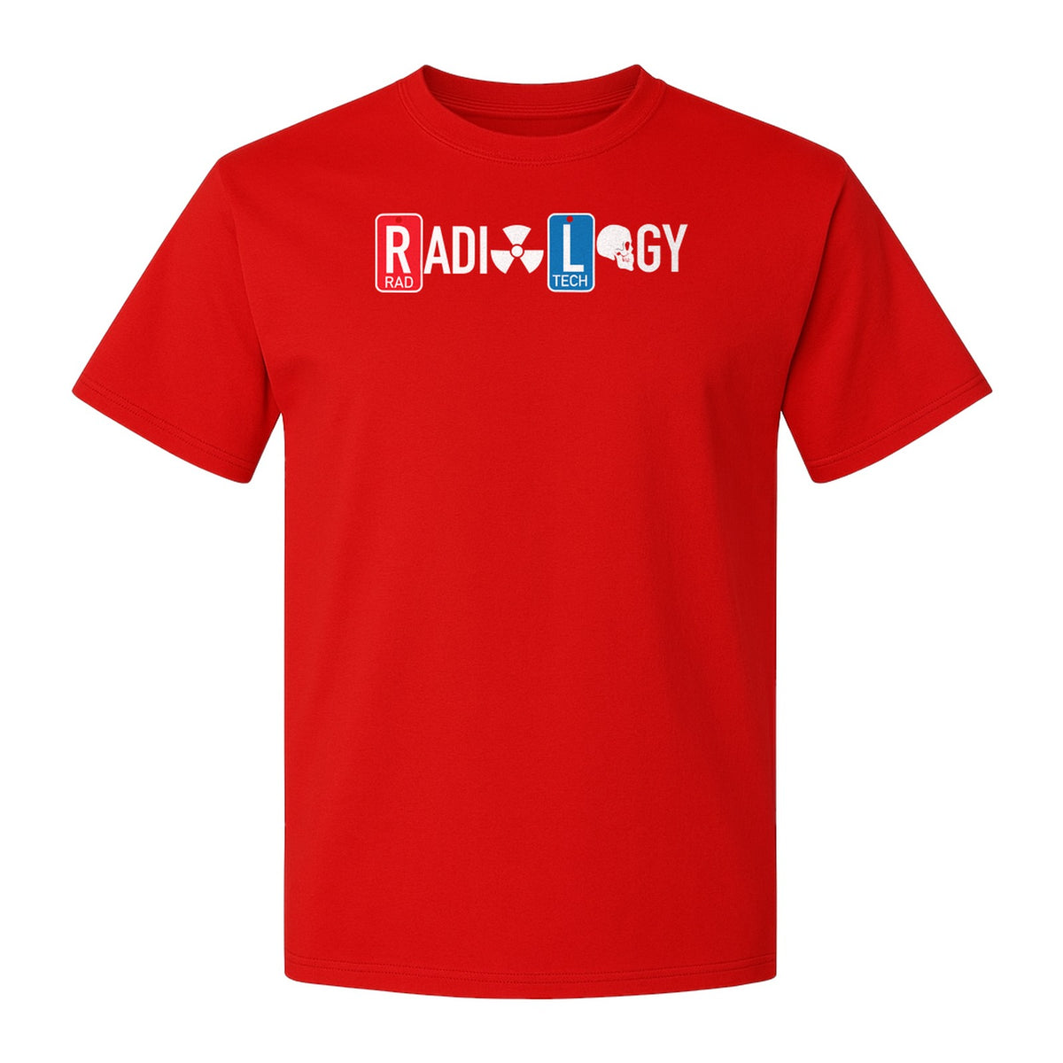 Radiology Tech T-Shirt, Red Rad and Blue Tile Lettering Design for Medical Imaging Professionals