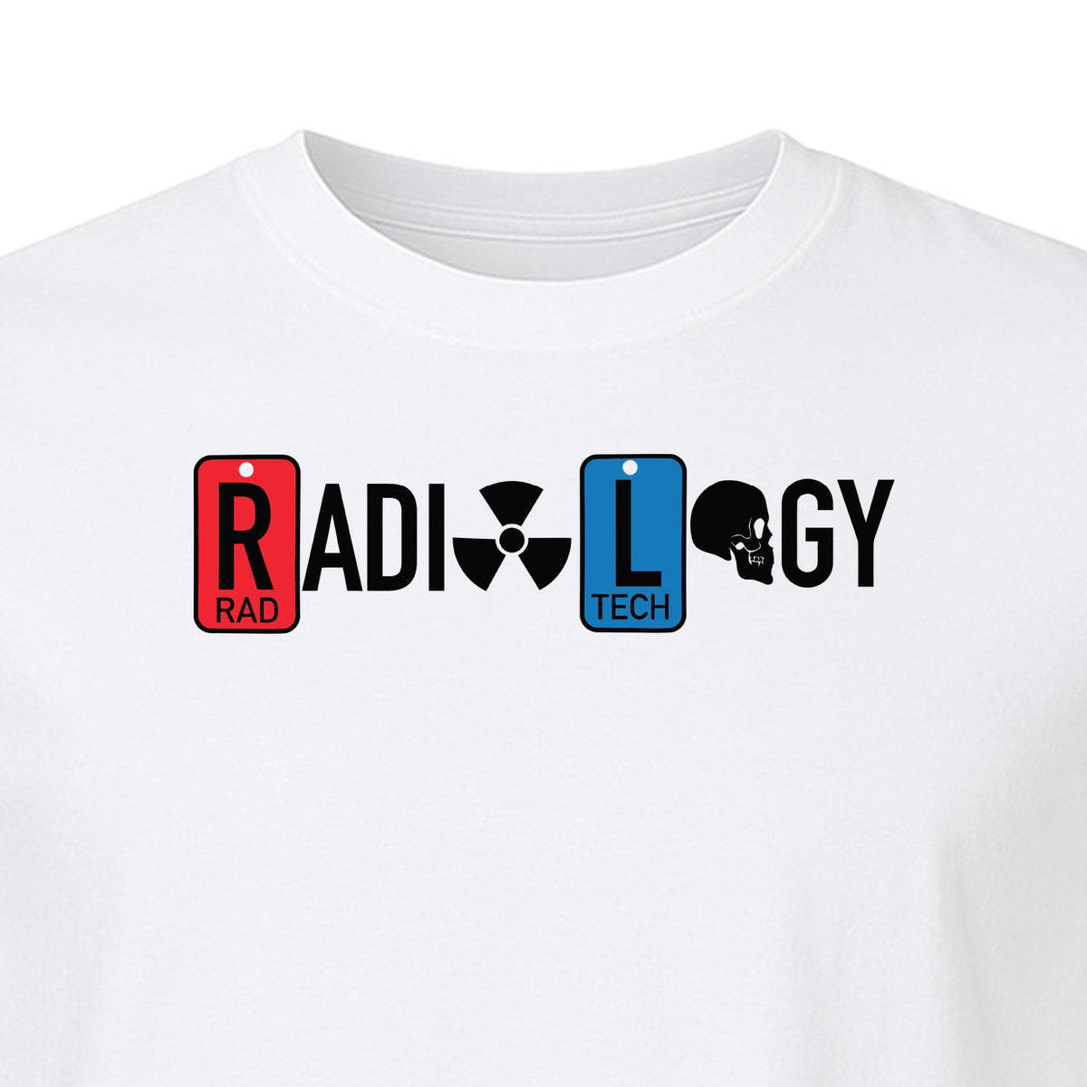 Radiology Tech T-Shirt, Red Rad and Blue Tile Lettering Design for Medical Imaging Professionals