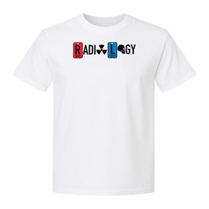 Radiology Tech T-Shirt, Red Rad and Blue Tile Lettering Design for Medical Imaging Professionals