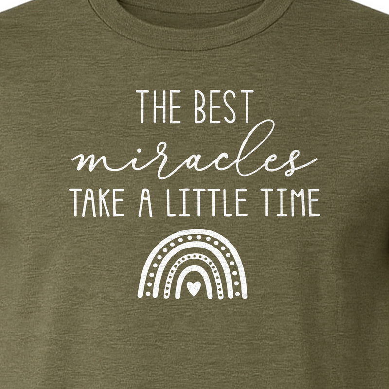 Miracles Take Time T-Shirt, Inspiring Rainbow Message Tee for Expecting Parents and Baby Shower Gifts