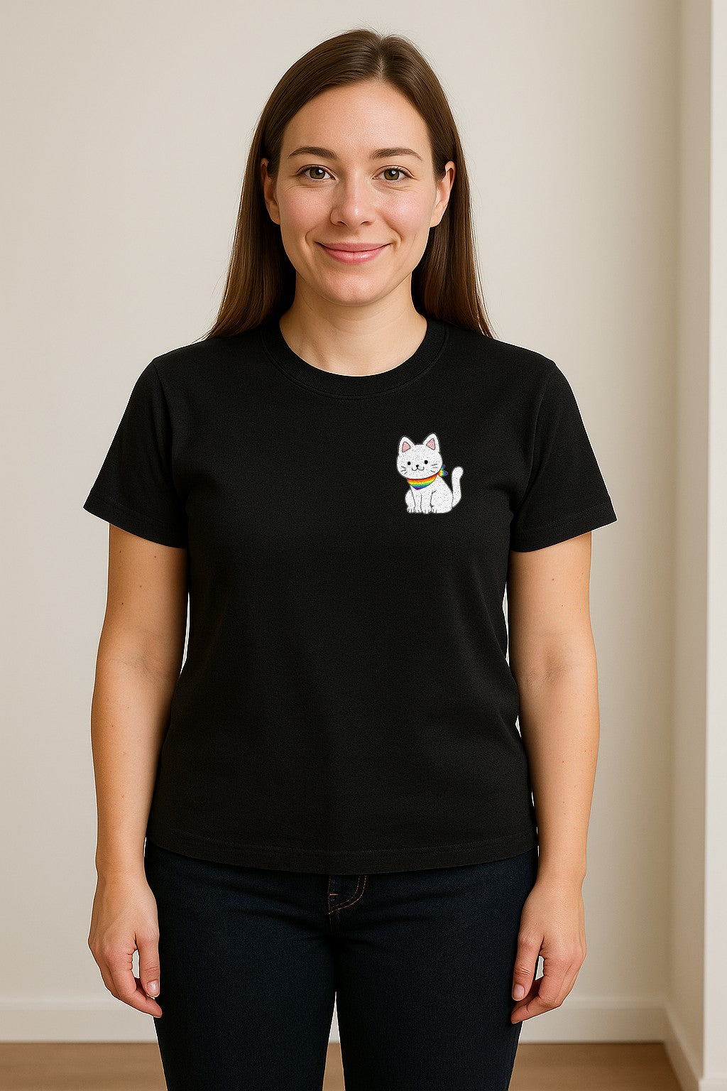 Cat T-Shirt, Rainbow Collar Pocket Design for Pride Celebrations and Everyday Wear