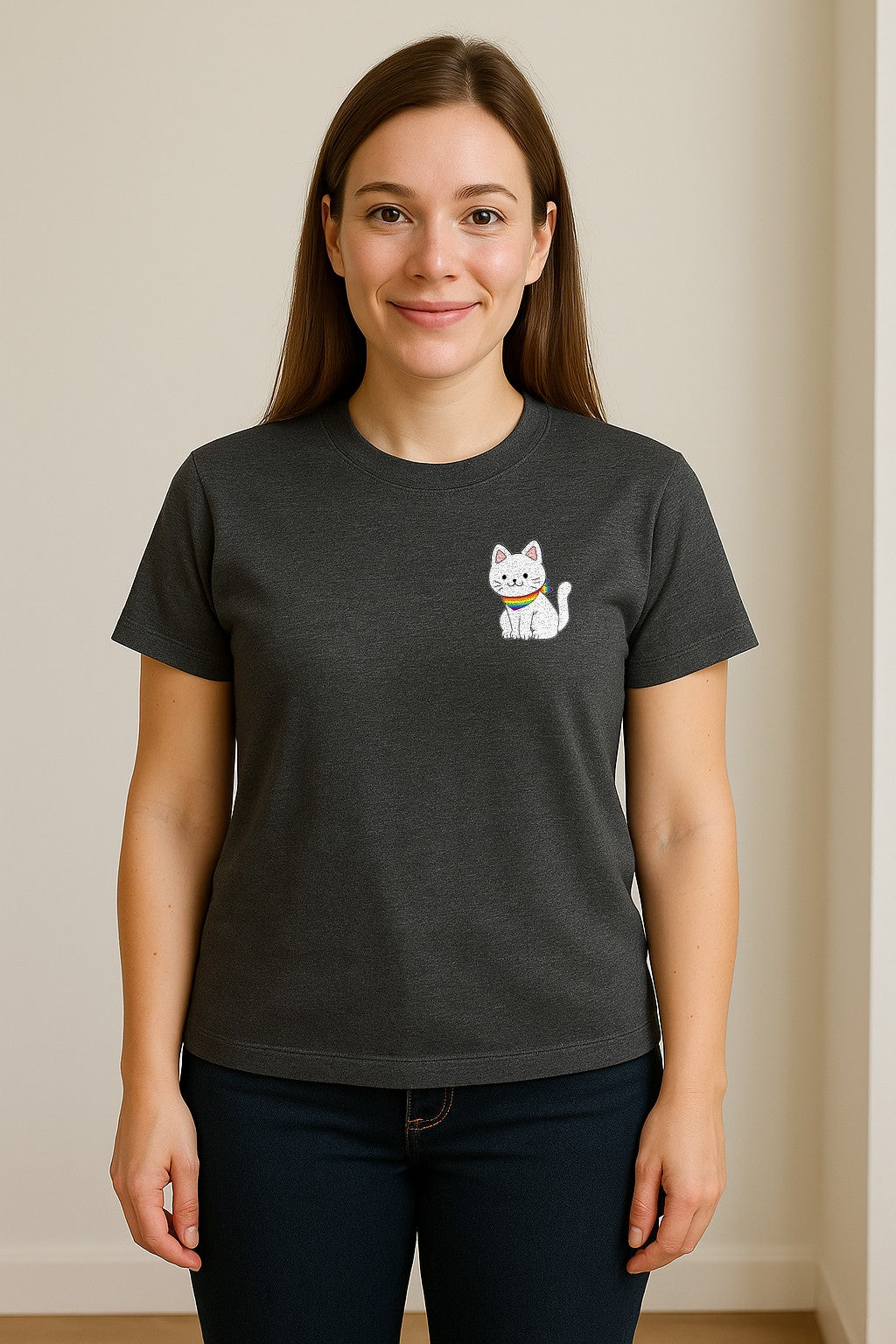Cat T-Shirt, Rainbow Collar Pocket Design for Pride Celebrations and Everyday Wear
