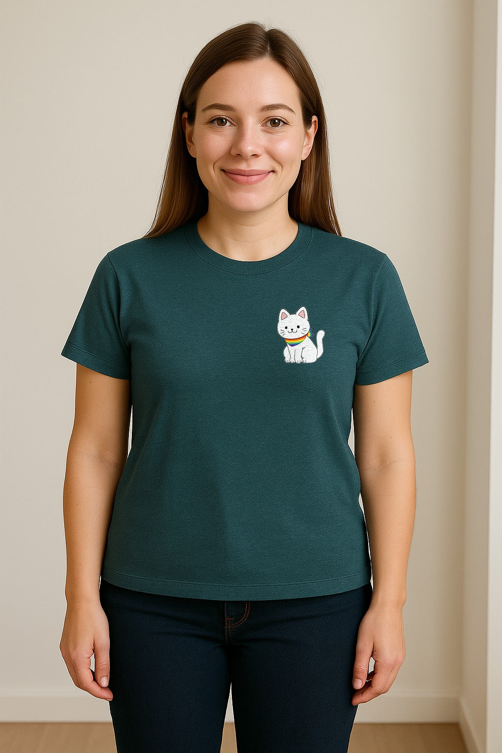 Cat T-Shirt, Rainbow Collar Pocket Design for Pride Celebrations and Everyday Wear
