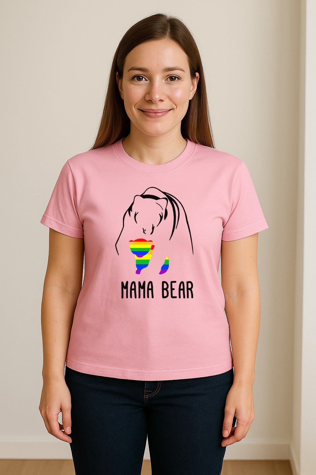 Mama Bear Rainbow Pride T-Shirt, Line Art Cub Design for Supportive Moms and Family Gifts