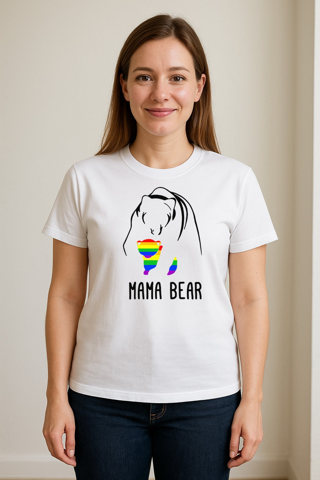 Mama Bear Rainbow Pride T-Shirt, Line Art Cub Design for Supportive Moms and Family Gifts
