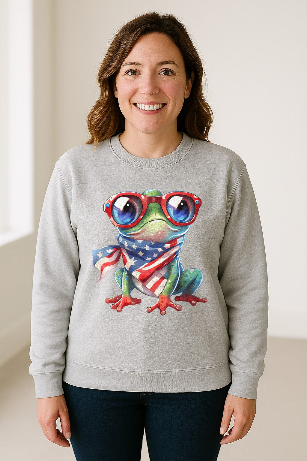 Patriotic Frog Sweatshirt with Flag Scarf and Sunglasses, Fourth of July Crewneck