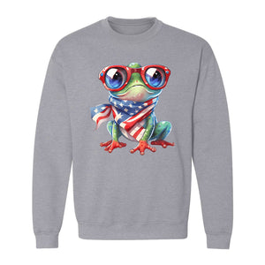 Patriotic Frog Sweatshirt with Flag Scarf and Sunglasses, Fourth of July Crewneck