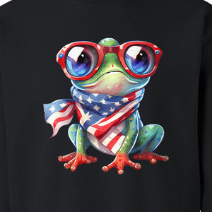 Patriotic Frog Sweatshirt with Flag Scarf and Sunglasses, Fourth of July Crewneck