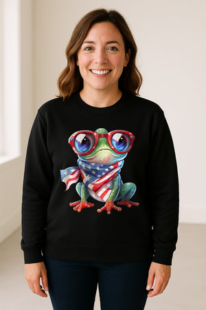 Patriotic Frog Sweatshirt with Flag Scarf and Sunglasses, Fourth of July Crewneck