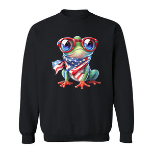 Patriotic Frog Sweatshirt with Flag Scarf and Sunglasses, Fourth of July Crewneck