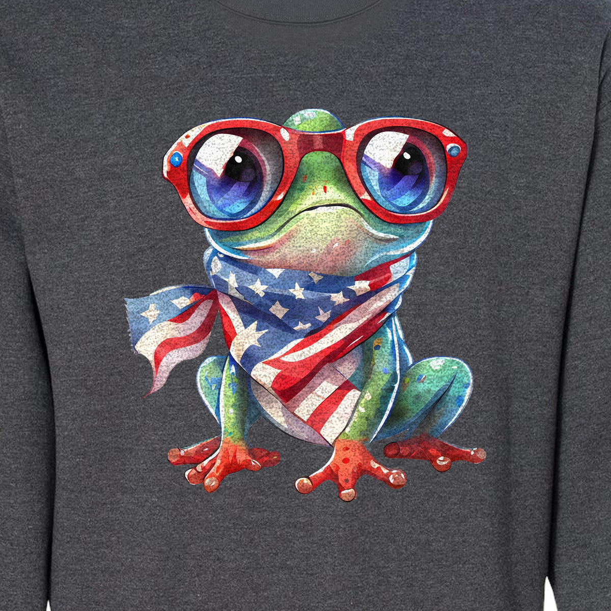 Patriotic Frog Sweatshirt with Flag Scarf and Sunglasses, Fourth of July Crewneck