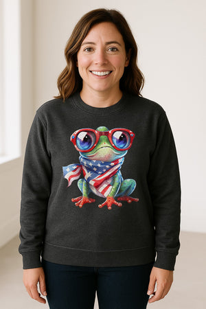 Patriotic Frog Sweatshirt with Flag Scarf and Sunglasses, Fourth of July Crewneck