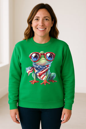 Patriotic Frog Sweatshirt with Flag Scarf and Sunglasses, Fourth of July Crewneck