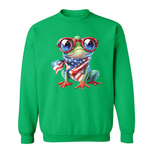 Patriotic Frog Sweatshirt with Flag Scarf and Sunglasses, Fourth of July Crewneck