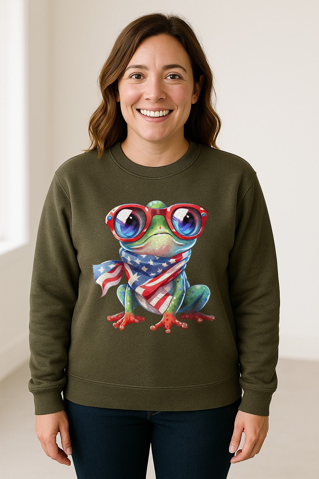 Patriotic Frog Sweatshirt with Flag Scarf and Sunglasses, Fourth of July Crewneck