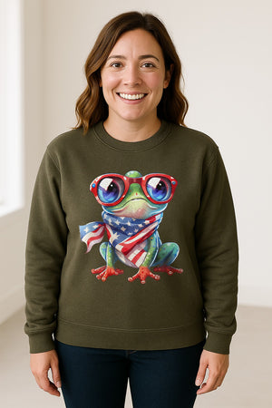 Patriotic Frog Sweatshirt with Flag Scarf and Sunglasses, Fourth of July Crewneck