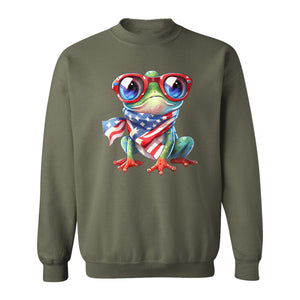 Patriotic Frog Sweatshirt with Flag Scarf and Sunglasses, Fourth of July Crewneck