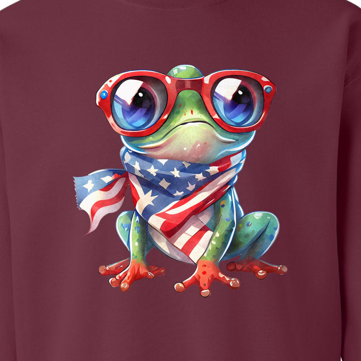 Patriotic Frog Sweatshirt with Flag Scarf and Sunglasses, Fourth of July Crewneck