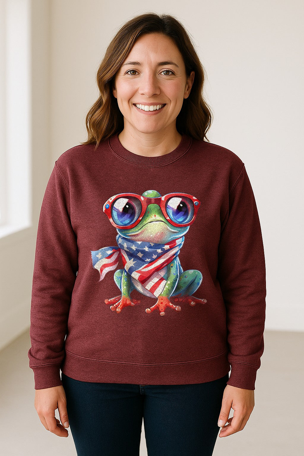 Patriotic Frog Sweatshirt with Flag Scarf and Sunglasses, Fourth of July Crewneck