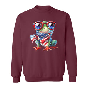 Patriotic Frog Sweatshirt with Flag Scarf and Sunglasses, Fourth of July Crewneck