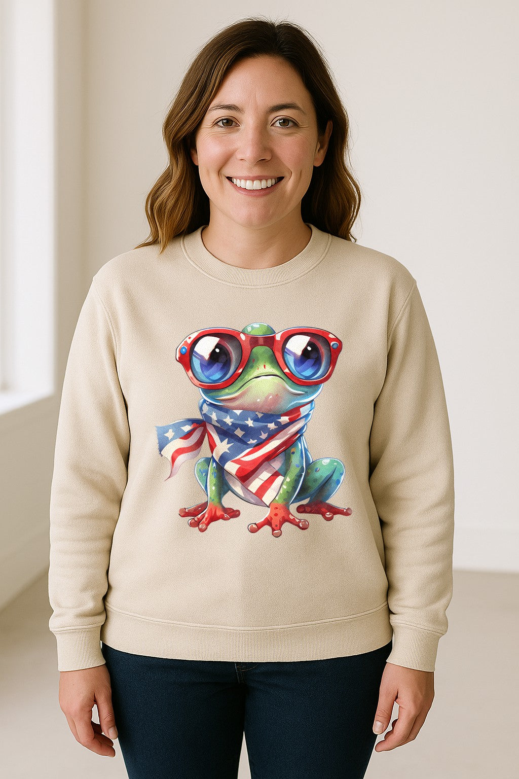 Patriotic Frog Sweatshirt with Flag Scarf and Sunglasses, Fourth of July Crewneck
