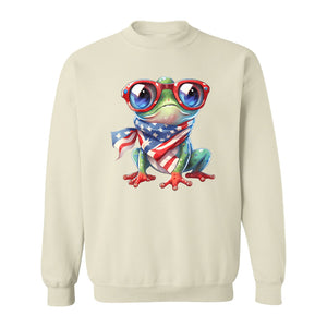 Patriotic Frog Sweatshirt with Flag Scarf and Sunglasses, Fourth of July Crewneck