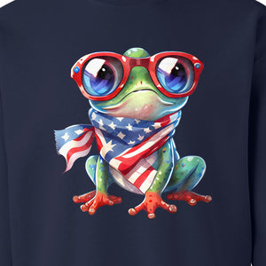 Patriotic Frog Sweatshirt with Flag Scarf and Sunglasses, Fourth of July Crewneck