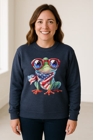 Patriotic Frog Sweatshirt with Flag Scarf and Sunglasses, Fourth of July Crewneck