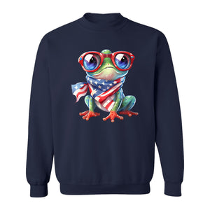 Patriotic Frog Sweatshirt with Flag Scarf and Sunglasses, Fourth of July Crewneck