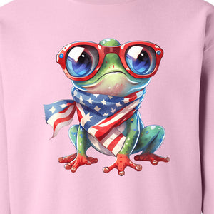 Patriotic Frog Sweatshirt with Flag Scarf and Sunglasses, Fourth of July Crewneck