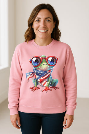 Patriotic Frog Sweatshirt with Flag Scarf and Sunglasses, Fourth of July Crewneck
