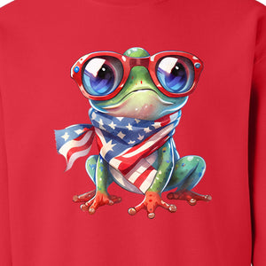 Patriotic Frog Sweatshirt with Flag Scarf and Sunglasses, Fourth of July Crewneck