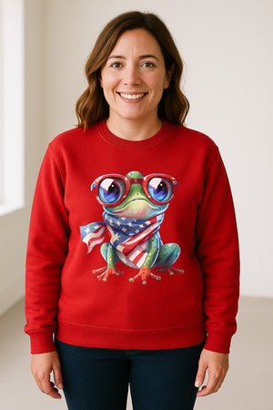 Patriotic Frog Sweatshirt with Flag Scarf and Sunglasses, Fourth of July Crewneck