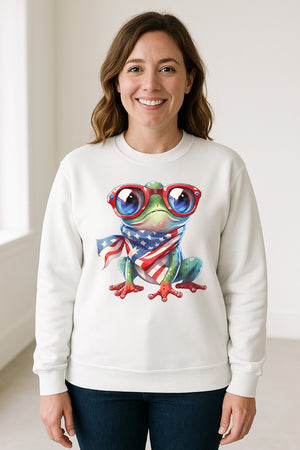 Patriotic Frog Sweatshirt with Flag Scarf and Sunglasses, Fourth of July Crewneck