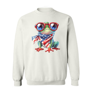 Patriotic Frog Sweatshirt with Flag Scarf and Sunglasses, Fourth of July Crewneck