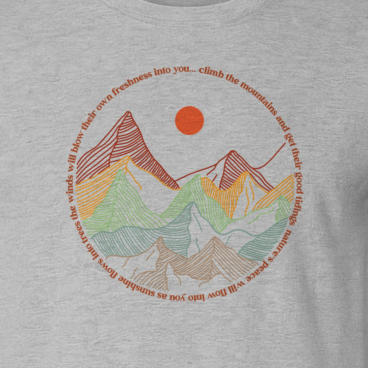 Mountain Graphic T-Shirt, Retro Sunrise and Layered Peaks Outdoor Adventure Design
